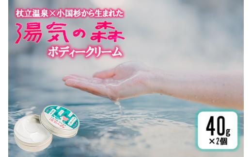 【杖立温泉旅館組合】湯気の森 ボディークリーム 40g 2個 杖立温泉 小国杉 温泉成分 精油 地元素材 しっとり 滑らか 保湿 ボディクリーム 全身 企画開発 地場産品 ご自宅用 ギフト 贈答 贈り物 熊本 阿蘇 小国町