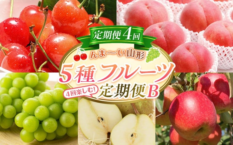 
                  【定期便4回】☆んま～い山形☆5種フルーツ！4回楽しむ！定期便B(さくらんぼ佐藤錦／白桃／シャインマスカット／ラ・フランス／サンふじりんご) FY25-476
                