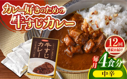 【全12回定期便】【着日指定 可能】【とろっとろになるまで煮込んだ】牛すじカレー 4食セット（中辛） 平戸市 / カレー工房 NVfoods [KAB266]