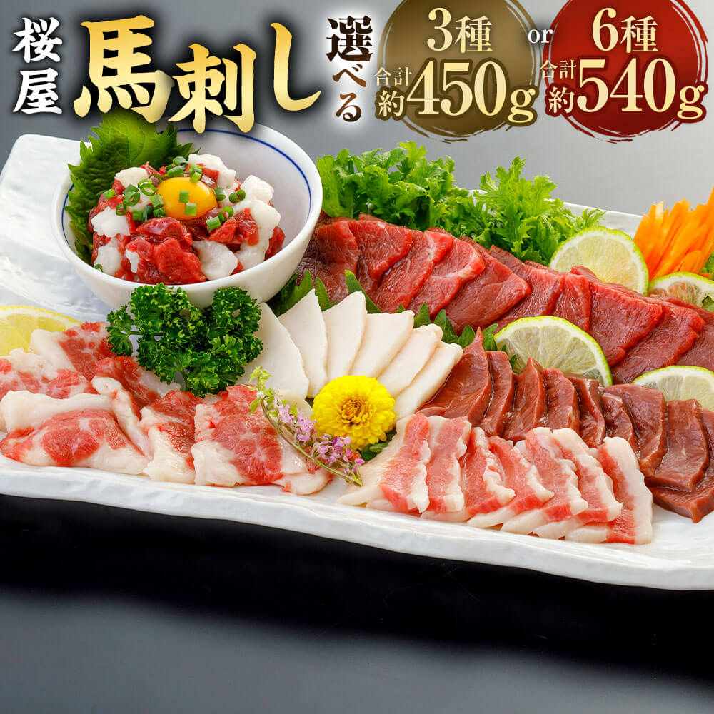 【ふるさと納税】＜選べる内容量＞【桜屋】馬刺し 3種セット（赤身・サガリ・フタエゴ：計約450g）・6種セット（赤身・サガリ・ハツ・フタエゴ・コウネ（タテガミ）・馬ユッケ：計約540g） 専用醤油付き 馬肉 お肉 馬刺 ブロック バラ しょうゆ 冷凍 熊本県 相良村 送料無料