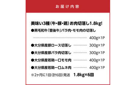 2165R-Ｋ_2ヶ月毎お届け！美味い3種のお肉切落し1.8kg定期便/計6回発送