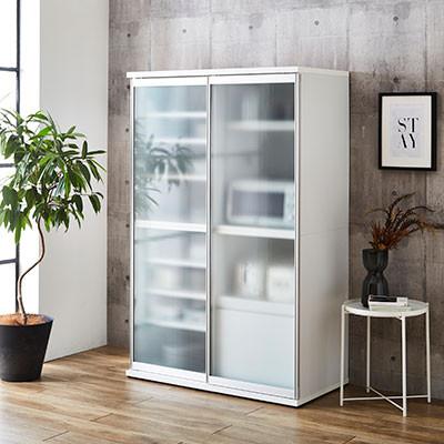 ふるさと納税 大川市 幅114cmキッチンボード2枚扉 ポエム【カラー:ホワイト、扉:ミスト、クリア、スモークガラス】