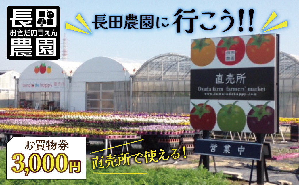 
【長田農園に行こう!!】直売所で使えるお買物券　3,000円分 トマト シャインマスカット 人気　チケット 買い物 H004-159
