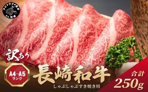 
            訳あり！【A4～A5】長崎和牛しゃぶしゃぶすき焼き用(肩ロース肉・肩バラ・モモ肉)250g( 牛肉 和牛 おすすめ しゃぶしゃぶ すき焼き 牛肉 冷凍 国産 送料無料 肉 プレゼント お取り寄せ 美味しい )【A7-071】
          