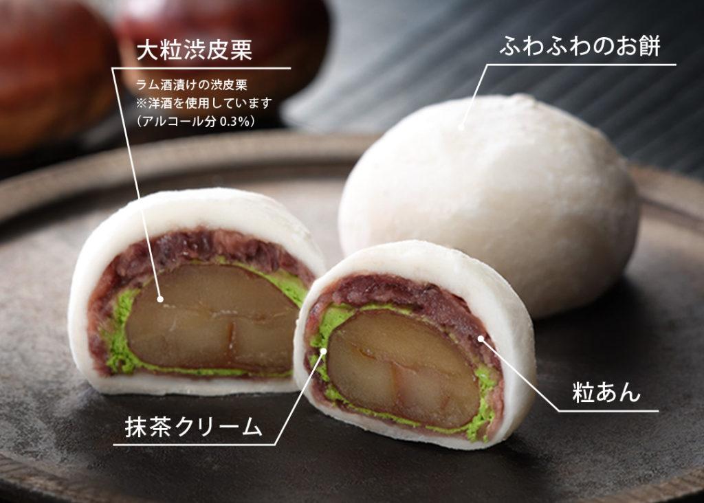 【仁々木】祇園ぽっちり・抹茶クリームと渋皮栗のセット 4個入り（フルーツ大福/祇をんににぎ）［ 京都 祇園 スイーツ お菓子 人気 おすすめ フルーツ 果物 くだもの おいしい 可愛い 抹茶 いちご 