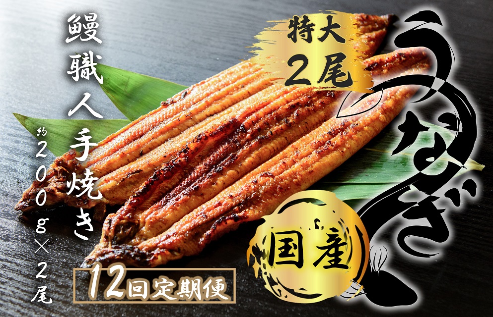 FK017　【12回定期便】九州産　うなぎ職人手焼き　蒲焼　国産　有頭鰻 1尾あたり約200ｇ×2尾（合計約400ｇ以上）たれ・山椒セット