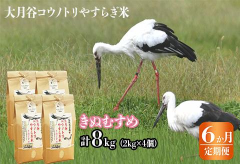 【定期便6か月連続お届け】「大月谷コウノトリやすらぎ米」きぬむすめ8kg(2kg x 4)