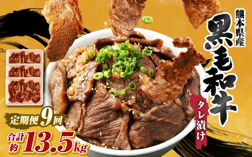【 9回 定期便 】 熊本県産 黒毛和牛 タレ漬け焼肉 約1.5kg （約500g×3パック）×9回 合計約13.5kg