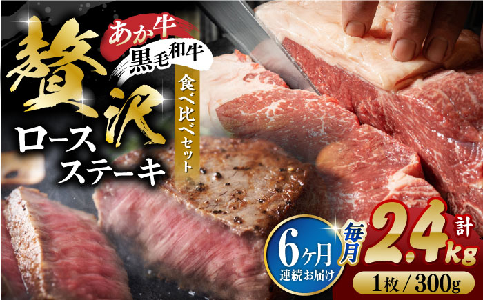 
【6回定期便】熊本県産 黒毛和牛 × あか牛 ロース ステーキ 食べ比べ 約 300g×8枚【有限会社 九州食肉産業】 [ZDQ124]
