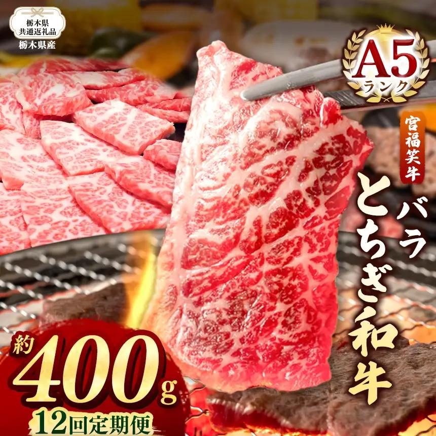 【栃木県共通返礼品 栃木県産】【定期便12回】宮福笑牛(とちぎ和牛) A5 バラ焼き肉 約400g  | 栃木県 下野市
