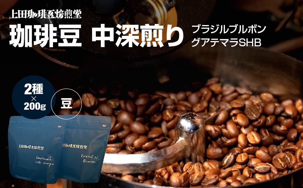 
                  【上田珈琲豆焙煎堂】珈琲豆 中深煎り セット 200g×2種 セット ブラジルブルボン・グアテマラSHB【豆】【 ふるさと納税 埼玉県 飯能市 送料無料 珈琲 コーヒー アソート バラエティ 飲み比べ 自家製 カフェ リラックス プレゼント ギフト 贈り物 】  HNNBM007
                