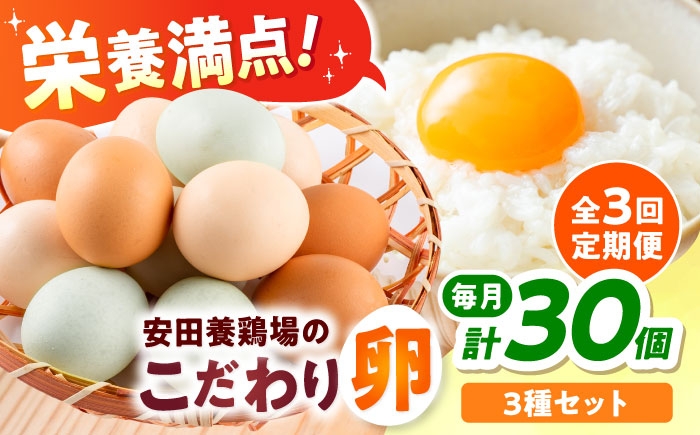 
                  【全3回定期便】安田養鶏場の卵 3種セット しおさい アトムくん タフラン 30個入り（各10個入り） 横須賀市 産地直送 割れ保証付き たまご 黄身 濃厚 卵 玉子 タマゴ 鶏卵 3ヶ月 定期 定期便 【安田養鶏場】 [AKHN011]
                