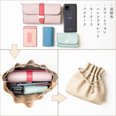ふるさと納税 尼崎市 コンパクトで大容量!工房手造りの巾着ショルダーバッグ 国産型押し牛革[サンドベージュ×トープ] |  | 03