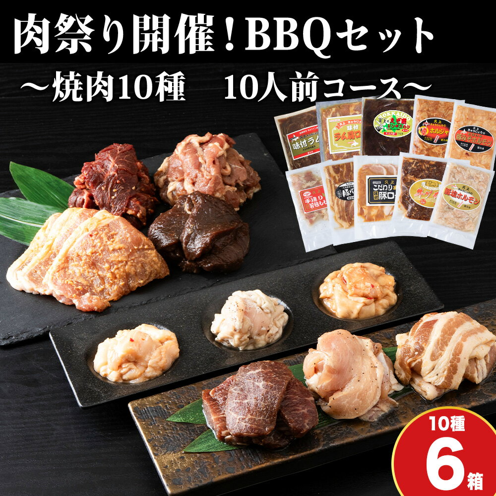 【ふるさと納税】肉祭り開催！BBQセット 〜焼肉10種 10人前コース〜 6箱セット お肉 牛肉 焼肉 バーベキュー 味付き 鹿肉 ジビエ 羊肉 鶏肉 えぞ鹿 ホルモン マトン ロース 若鶏 もも肉 豚バラ 豚ロース 牛サガリ ラム 北海道ふるさと納税 木古内町 ふるさと納税 北海道