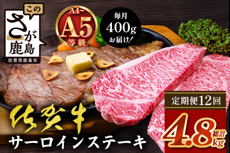 【定期便12カ月配送】＼極上のご褒美肉！／佐賀牛サーロインステーキ 200g×2枚 A5・A4等級 厳選黒毛和牛 とろける霜降り 高級ステーキ 贈答・ギフト対応可 国産牛 定期便 12カ月 佐賀県鹿島市 送料無料　V-71