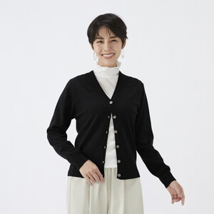 日本製 カシミヤ100% レディース Vカーディガン ブラック 2Lサイズ 90805