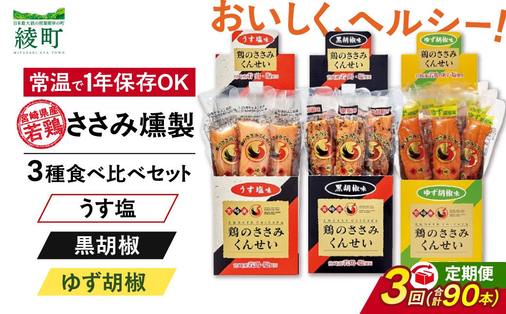 
                  【3回定期便】鶏のささみくんせい 3種食べ比べ 30本セット ＜うす塩・黒胡椒・ゆず胡椒 ＞ おつまみ スモーク チキン 燻製【雲海物産】_A0114-211
                