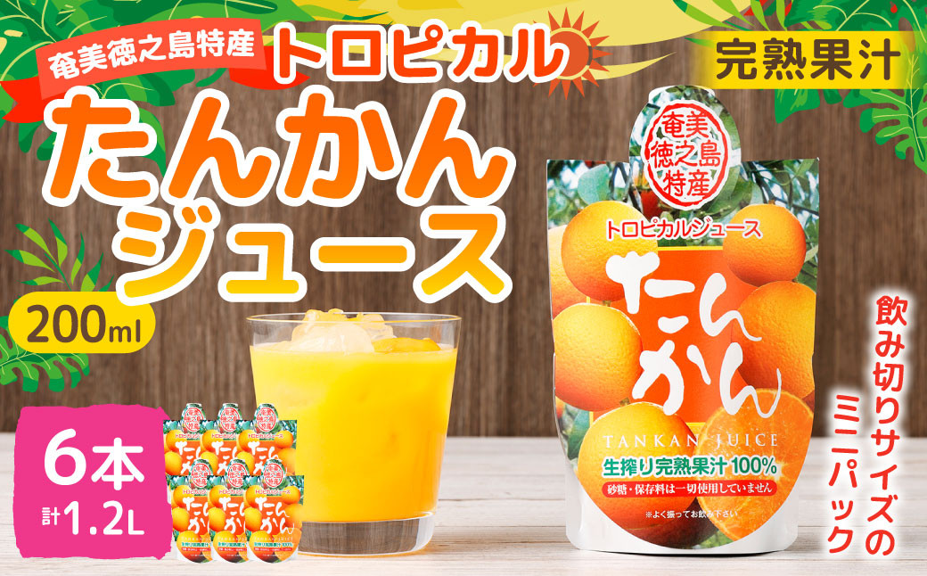 
                  天城町産  生搾り完熟果汁100％ 宝果樹園 ミニタンカンジュース 6本セット（200ml×6本） 合計約1.2L タンカン 果汁飲料 たんかん 果汁100％ ジュース 飲み物 ドリンク 果物 くだもの セット 九州 鹿児島県 天城町 常温
                