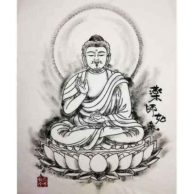 手描きTシャツ 仏画 薬師如来 白 (半袖 Mサイズ)