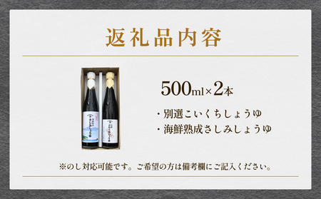 本川藤由商店 特選 プレミアム2本セット 本川藤由商店 特選　プレミアム2本セット（海鮮熟成さしみしょうゆ・別選こいくちしょうゆ）  富山県 氷見市 醤油 調味料 詰め合わせ