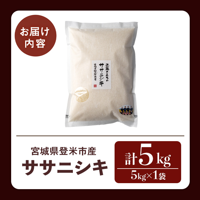 ≪令和7年産≫ ササニシキ 精米 5kg×1袋 宮城県登米市産 お米 おこめ 米 コメ 白米 ご飯 ごはん おにぎり お弁当【株式会社近藤農産】tm508
