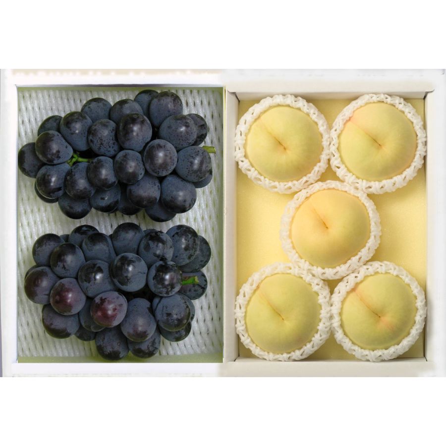 ＜環山堂＞岡山旬の果物詰合せ2　岡山白桃5玉(計1.3kg)、ニューピオーネ2房(計1.2kg）