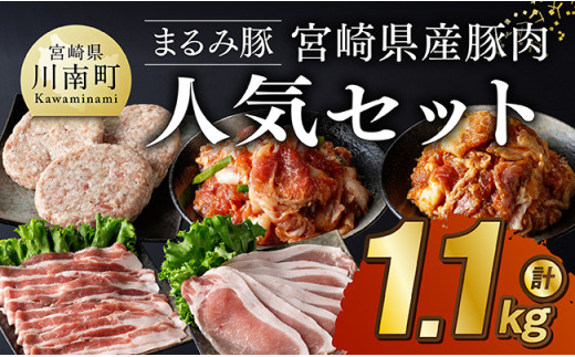 「まるみ豚」宮崎県産豚肉　人気セット　計1.1kg  豚肉 豚 肉 国産 川南町 ウデ モモ ハンバーグ ローススライス バラスライス [D11512]