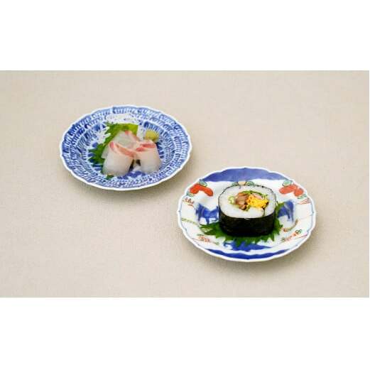 有田焼 13cm 輪花小皿 2柄セット（ 染付石垣 / 天啓赤絵群馬図）【福珠窯】食器 うつわ 器 お祝い 取り皿 菓子皿 古典柄 A35-316_イメージ4