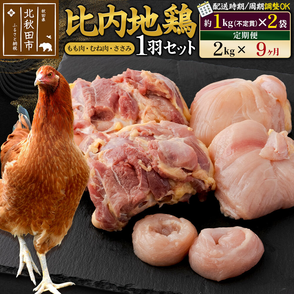 【ふるさと納税】《定期便9ヶ月》 比内地鶏 1羽セット（もも肉・むね肉・ささみ）約2kg（約1kg（不定貫）×2袋）×9回 計18kg 時期選べる お届け周期調整可能 9か月 9ヵ月 9カ月 9ケ月 18キロ 国産 冷凍 正肉 鶏肉 鳥肉 [比内地鶏]
