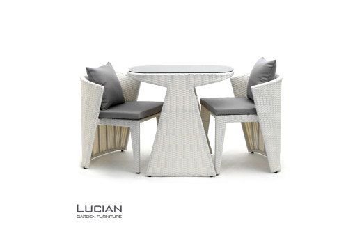 LUCIAN ラタン調ガーデンテーブル3点セット ホワイト 2人掛け luc001 ／ コスティック インテリア 屋外テーブル テラス コンパクト 省スペース設計 奈良県 御所市