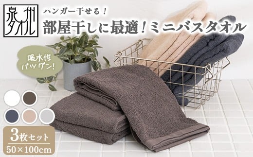 【オフホワイト】【泉州タオル】部屋干しに最適！ミニバスタオル 3枚セット（同色） ｜ ビッグフェイスタオル コンパクトバスタオル 小さめ バスタオル スマートサイズ ハンガー 干せる 部屋干し 速乾 収納 吸水 髪 日本製 新生活 ※離島への配送不可