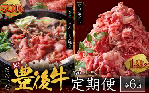 【定期便】偶数月に届く！おおいた豊後牛しゃぶしゃぶすき焼き500gとおおいた豊後牛切り落とし1.2kgセット×6回　D29-S