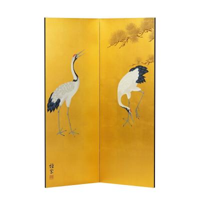 ふるさと納税 加茂市 真鍮箔金屏風「金彩大鶴」(四尺二曲)《 W42×D1.5×H112(cm)》大湊文吉商店