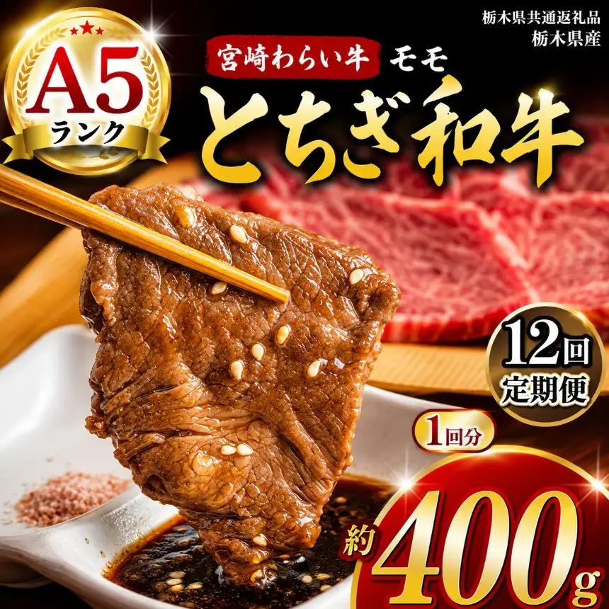 【定期12回】宮福笑牛（とちぎ和牛）A5 モモ焼き肉　約400g【栃木県共通返礼品】