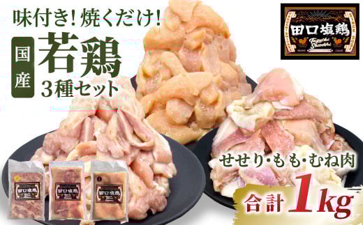 
            田口塩鶏 国産 若鶏味付け肉 3種セット 1kg（もも肉300g×1・むね肉300g×1・せせり200g×２）もも肉 むね肉 塩ダレ 味付け肉 鶏肉 鶏 肉 奥三河どり キャンプ バーベキュー 味付け肉 大容量 手軽 焼くだけ 地鶏 焼肉 焼き鳥 -169
          