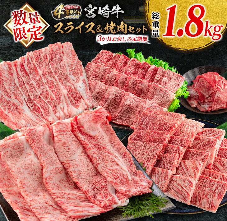 【ふるさと納税】数量限定 3か月 お楽しみ 定期便 宮崎牛 スライス 焼肉 セット 総重量1.8kg 牛肉 黒毛和牛 ブランド牛 ミヤチク 国産 肩ロース モモ バラ ウデ 小間切れ 食品 おかず すき焼き しゃぶしゃぶ お祝 記念日 ご褒美 お取り寄せ グルメ 宮崎県 日南市 送料無料