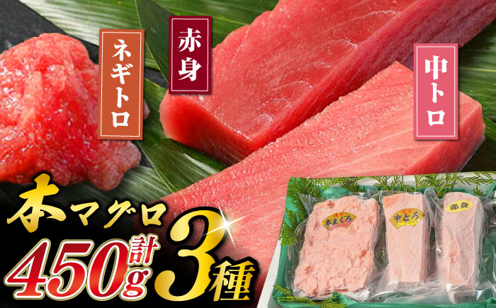 対馬産 本マグロ 3種 計450g（赤身/中トロ/ネギトロ）《対馬市》【対海】[WAH002] マグロ まぐろ 鮪 本鮪 本マグロ 養殖 トロ 中トロ 中とろ 赤身 ねぎとろ ネギトロ たたき 刺身 冷凍 海鮮 魚 柵 お祝い 贈答