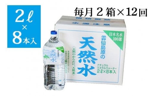 BD072 山崎本店酒造場 【12回定期便】 雲仙島原の天然水 2L 8本 2箱 [ 水 2リットル 天然水 湧水 ペットボトル 定期便 定期 1年 おいしい 名水百選 大容量 軟水 長崎県 島原市 ]