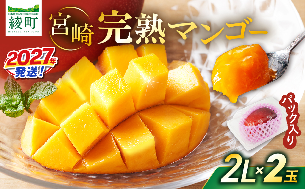 先行予約 数量限定 完熟マンゴー 2L×2玉（パック）マンゴー 宮崎 果物 フルーツ くだもの 2027年 国産 高級 マンゴージュース 南国フルーツ おすすめ デザート ギフト 贈り物 プレゼント 贈答 冷蔵 綾町 送料無料 【JA綾町】_A0114-1022