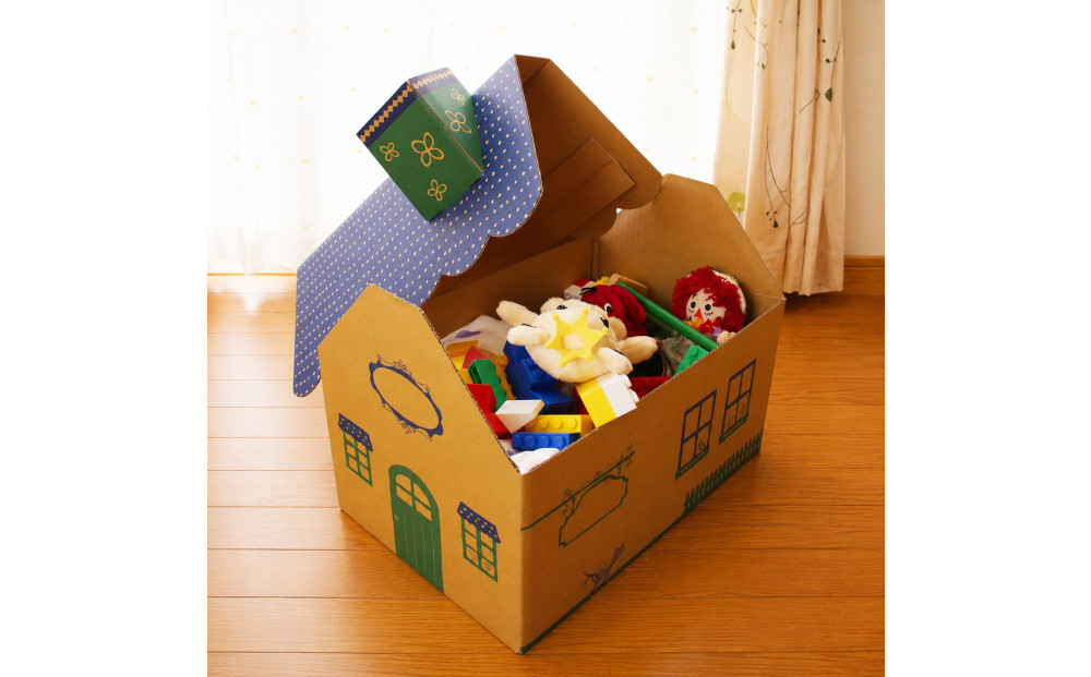 成長に合わせて使える段ボール家具　ジュニアデスクチェア&おうち型収納ボックス◇【青色セット】