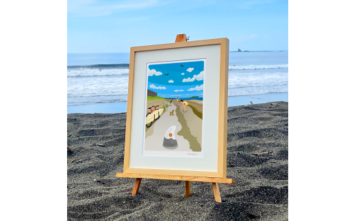 湘南・茅ヶ崎で描く、海を感じるイラストアート 『 湘南ランドスケープ12：茅ヶ崎から江ノ島へ、湘南サイクリングロード 』 ジークレーアートフレーム （小/木地仕上げ） /絵画 風景 版画 