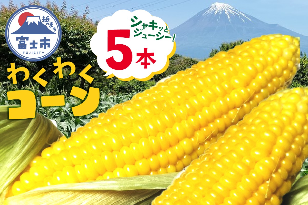 
                  トウモロコシ わくわくコーン 5本 期間限定 数量限定 糖度15度以上 ジューシー 甘い スイートコーン 野菜 新鮮 朝採り クール便 冷蔵発送 静岡県 富士市 【6月中旬～7月中旬頃に順次発送】 [sf001-341]
                