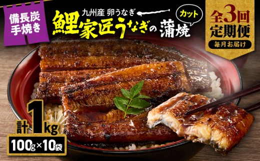【全3回定期便】九州産 卵うなぎ 備長炭手焼『鯉家匠うなぎ』カット蒲焼パック 計1kg（10袋）　KN029-T03-01