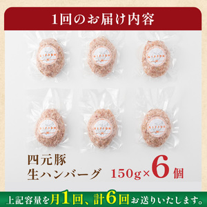 【 定期便 6か月 】 手ごね 生ハンバーグ 150g×6個 (合計 900g )【 岩手 四元豚 】 GIFTON ハンバーグ 冷凍 総菜 国産 ギフト お歳暮 お中元 プレゼント 贈答 焼肉 バー