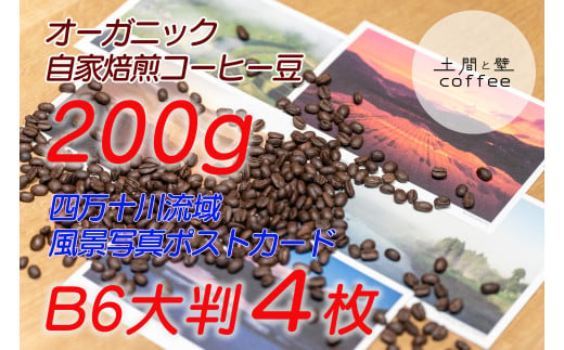 【オーガニック自家焙煎コーヒー豆200g】＋【写真家が撮影した四万十川流域のB6大判ポストカード4枚】／Lip-01