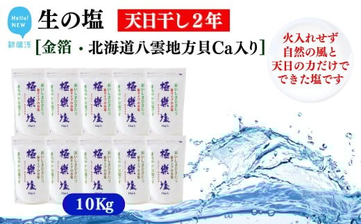 天日干し２年 火入れしない生の塩 「極楽塩」 1kg×10袋 金箔 貝カルシウム入り 食べる楽しさを極め こだわりの製法 塩 食塩 食卓塩 海塩 調味料 ミネラル ソルト