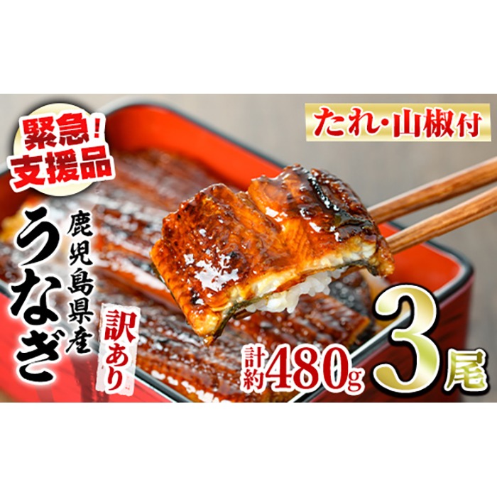 【訳あり・数量限定】鰻の蒲焼き 無頭 3尾 480g タレ・山椒付