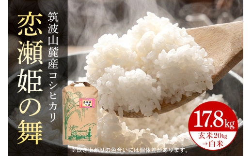 【玄米20kg⇒白米】筑波山麓厳選米【特A】令和7年産コシヒカリ（恋瀬姫の舞） B07-026