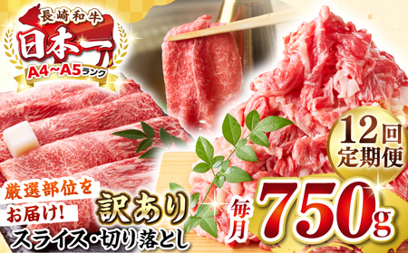 【全12回定期便】【訳あり】【A4〜A5ランク】 長崎和牛 しゃぶしゃぶ・すき焼きセット 750g《壱岐市》【株式会社MEAT PLUS】　肉 牛肉 黒毛和牛 鍋 冷凍配送 訳あり 切り落とし しゃぶしゃぶ用 すき焼用 A4 A5[JGH106]