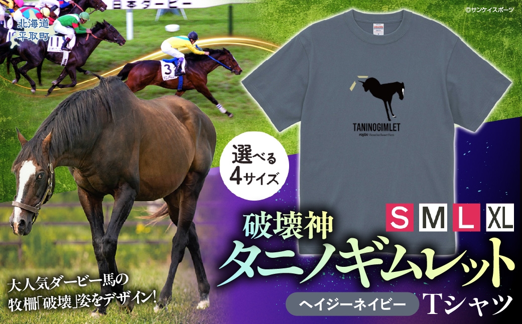 
                  【破壊神タニノギムレット】（ヘイジーネイビー）Ｔシャツ 【Ｓ・M・L・XL】 【 ふるさと納税 人気 おすすめ ランキング 馬 競馬 競走馬 引退馬 タニノギムレット シャツ Tシャツ  半袖 日高 北海道 平取町 びらとり 送料無料 】 BRTV104-v
                